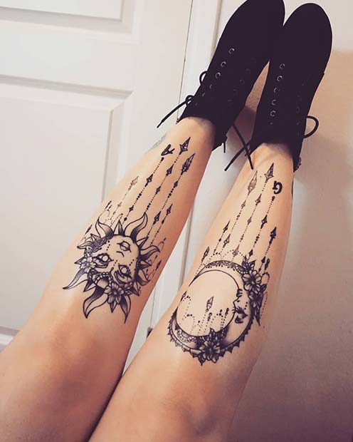 Tatouages ​​​​audacieux et beaux pour les jambes du soleil et de la lune