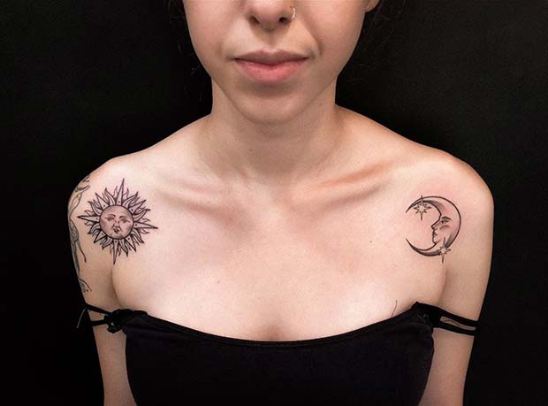 Tatouages ​​​​d'épaule de soleil et de lune