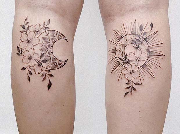 Conceptions florales de tatouage de soleil et de lune