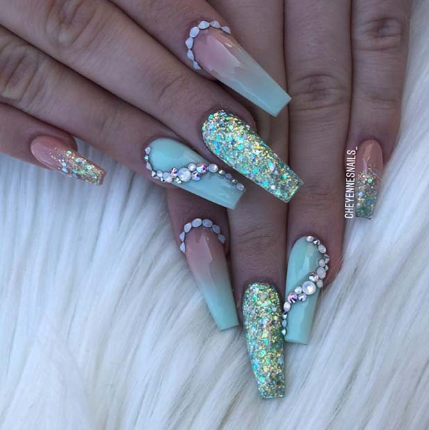 Ombre, Rhinestones and Glitter Design for Coffin Nails