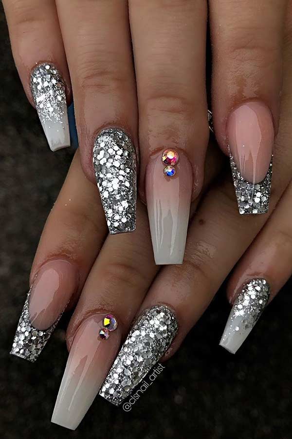 Silver Glitter Nail Design for Coffin Nails