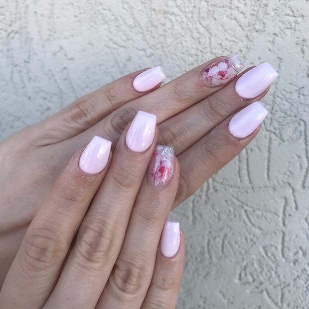 Pretty Light Pink Nails with Flower Accent Nail