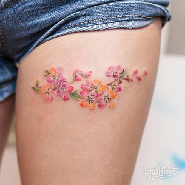 Small Thigh Flower Watercolor Tattoo Idea για γυναίκες