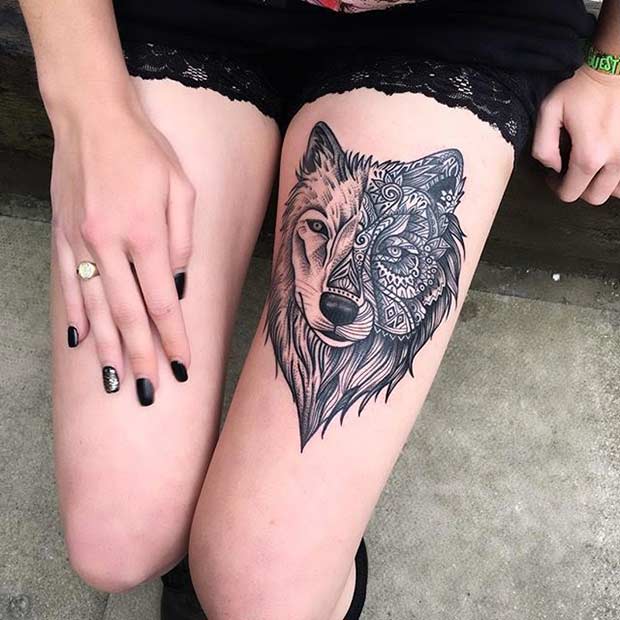 Cool Wolf Mandala Thigh Tattoo Design για γυναίκες