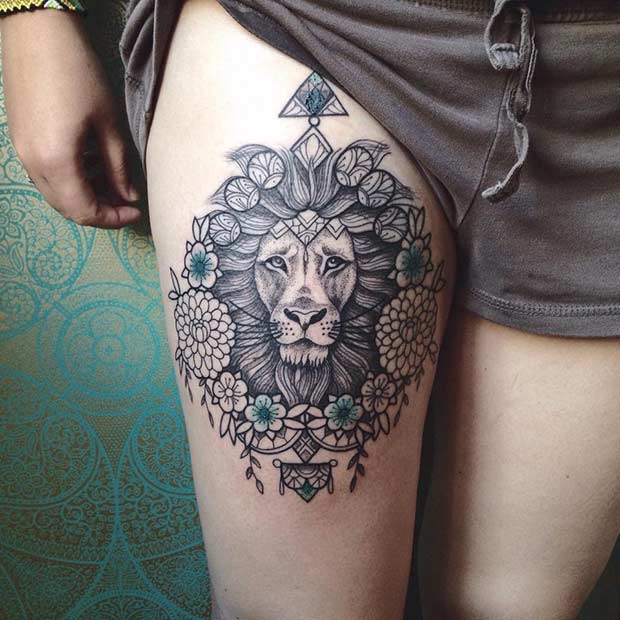 Mandala Lion Thigh Tattoo Idea για γυναίκες
