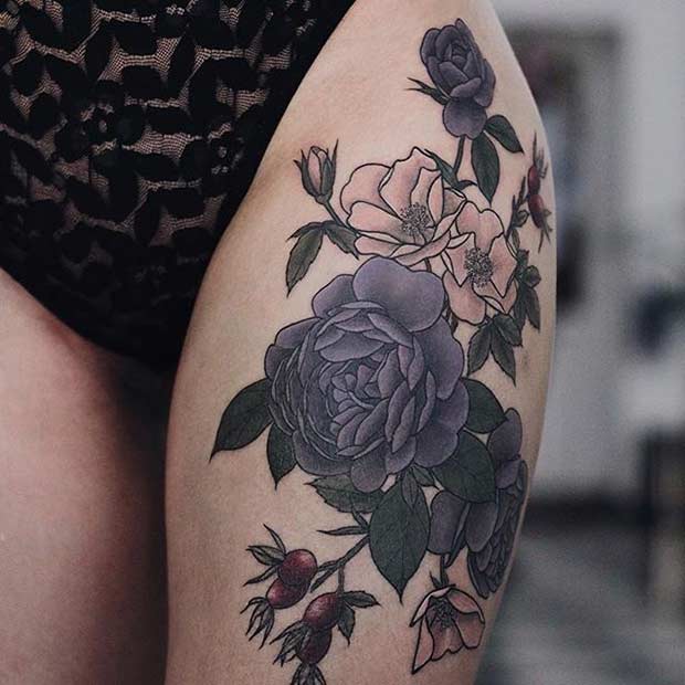 Σκούρα λουλούδια Ιδέα τατουάζ μηρών