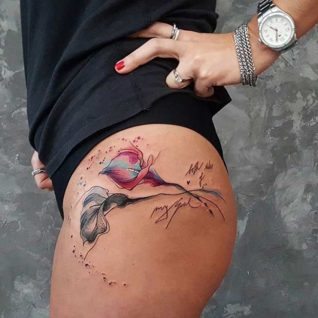 Conception de tatouage de cuisse aquarelle Calla Lily