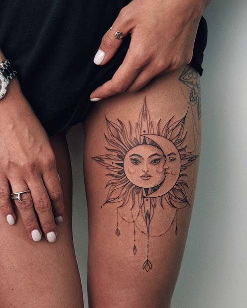 Sun and Moon Thigh Tattoo