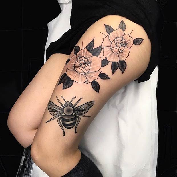 Ιδέα για τατουάζ μελισσών και λουλουδιών μηρών