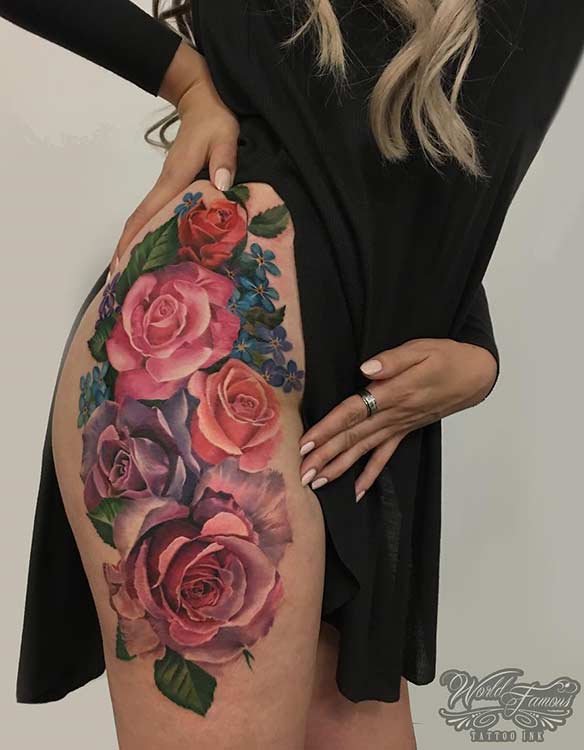 Πολύχρωμο Flower Thigh Tattoo Design για γυναίκες