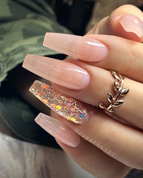 Nude Nails with Glitter Accent Nail