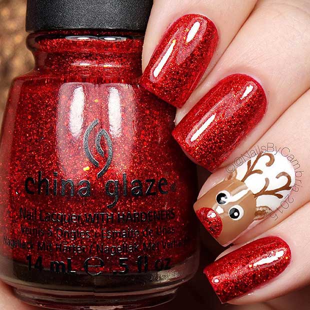 Red Reindeer Christmas Accent Nail