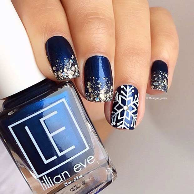 Μπλε και ασημί Glitter Snowflake Winter Nails