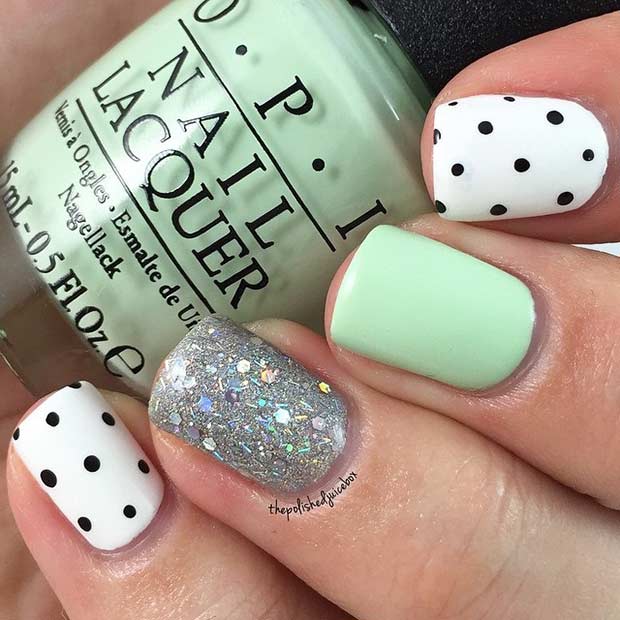 Easy Mint and Polka Dot Nail Design