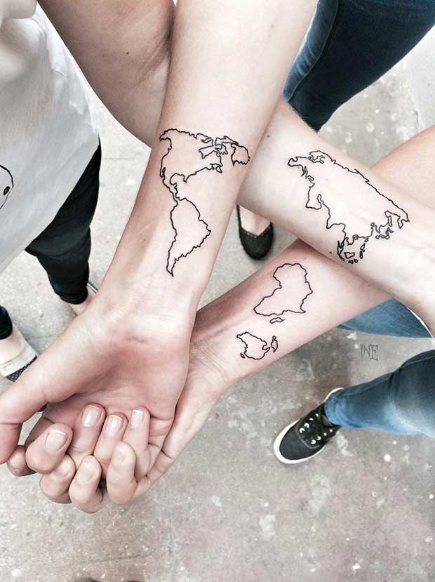 Tatouages ​​​​assortis de soeur de carte du monde