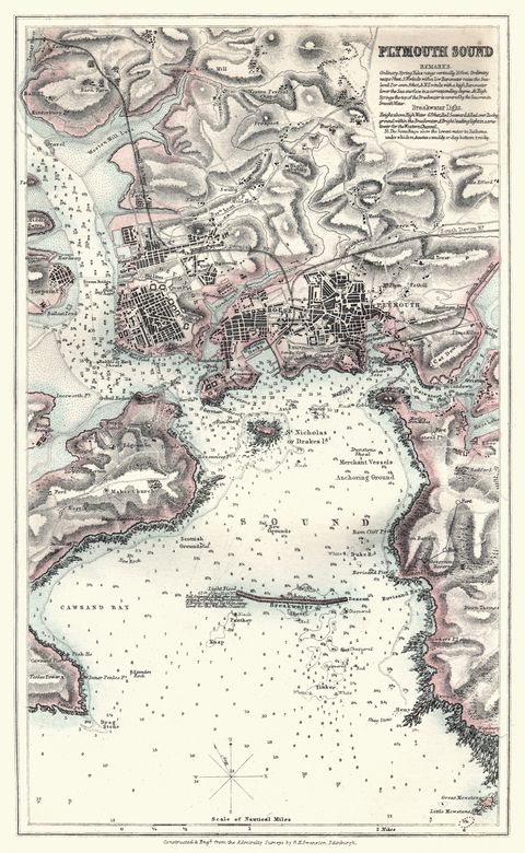 Carte vintage d'Antquie de Plymouth, Angleterre en 1880