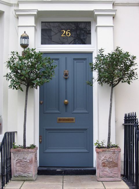 porte d'entrée bleue avec des planteurs londres