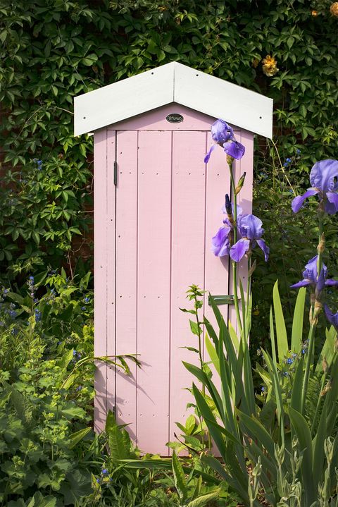 μπογιά κήπου, στενό υπόστεγο κήπου βαμμένο σε χρώμα ξύλου cheddar ροζ ξύλου