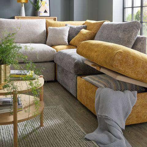 sofology cubos καναπές σε απλό πολυ γκρι χρυσό μίγμα, 99 3.999