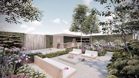 le jardin viking friluftsliv, jardin d'exposition, conçu par williams, parrainé par viking, rhs hampton court palace garden festival 2021