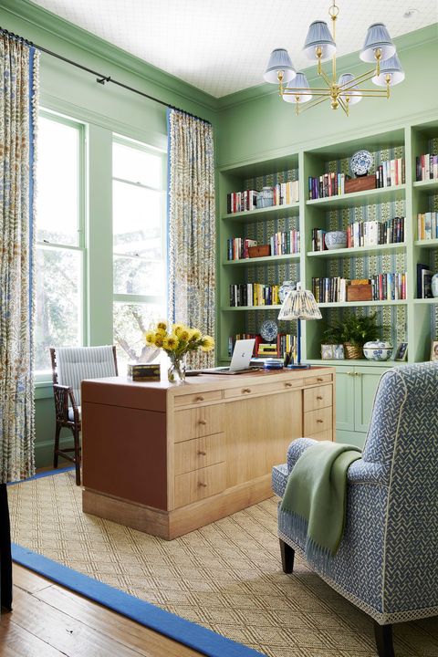 bureau, papier peint vert