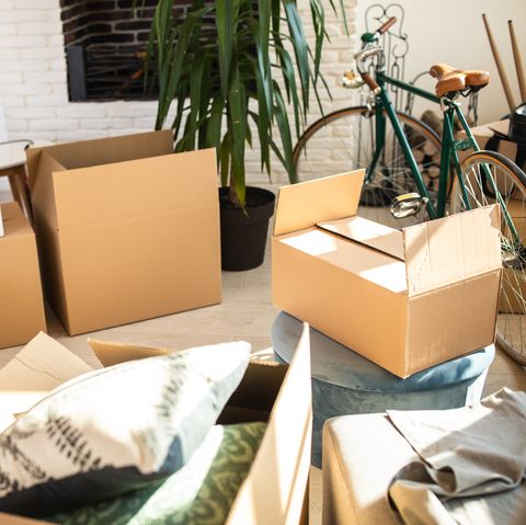 boîtes en carton emballées dans l'appartement, vélo, plante en pot de fleurs, vue grand angle