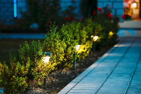 Vue de nuit sur un parterre de fleurs illuminé par des lanternes solaires à économie d'énergie le long de la chaussée du chemin sur la cour menant à la maison